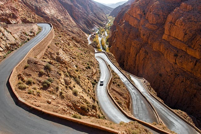 kanio, morocco, dades, africa, mountains, the valley of the, landscape, african, nature, beautiful, strait, car wallpapers, gorge, travels, tourism, car, way, serpentine, turns, threat
